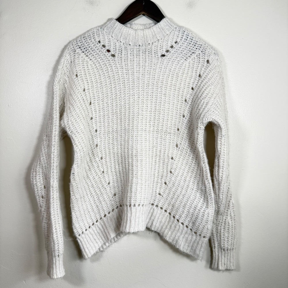 American Eagle Pointelle Mock Neck Chunky Knit Sweater Size Small Cream White